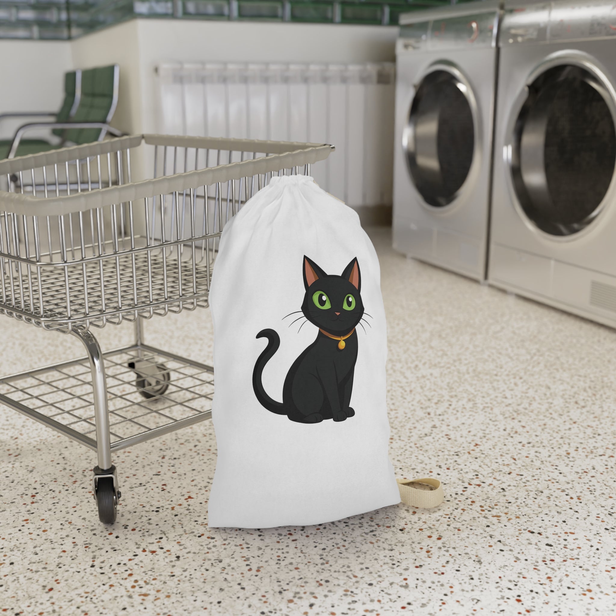 Black Cat Laundry Bag — Cute Cat Print Drawstring Tote for Dorms & Travel