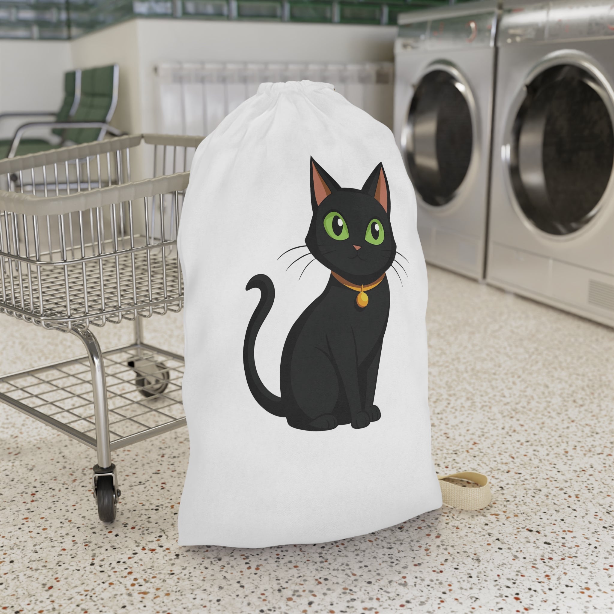 Black Cat Laundry Bag — Cute Cat Print Drawstring Tote for Dorms & Travel