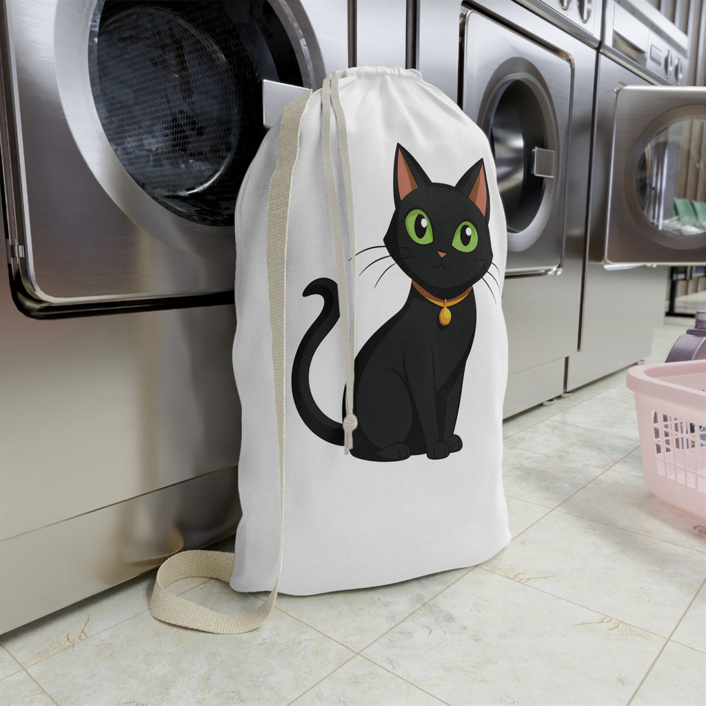 Black Cat Laundry Bag — Cute Cat Print Drawstring Tote for Dorms & Travel