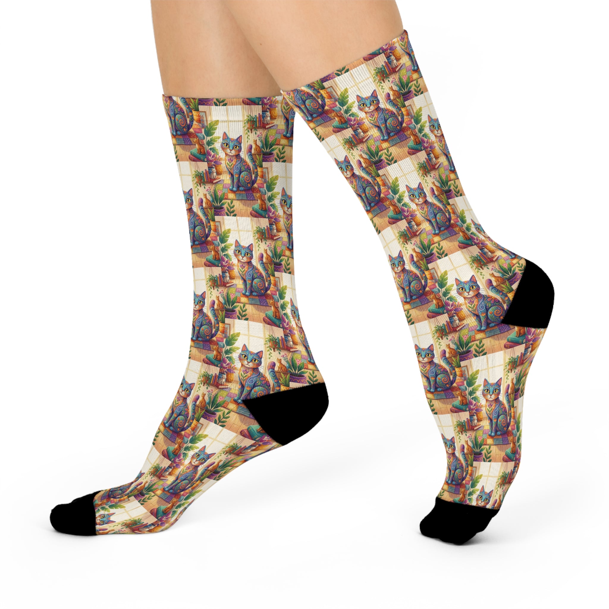 Colorful Cat Pattern Cushioned Crew Socks