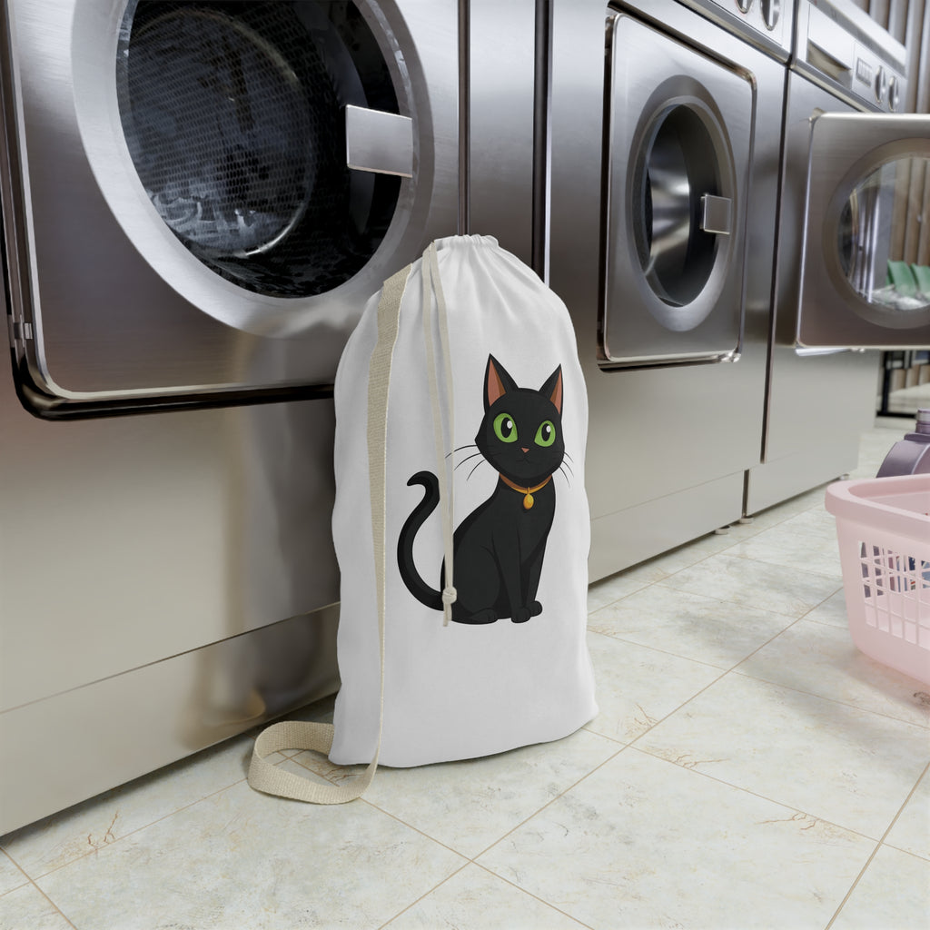 Black Cat Laundry Bag — Cute Cat Print Drawstring Tote for Dorms & Travel